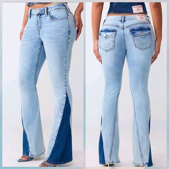 True Religion Denim - True Religion Joey Mid Rise Two-tone Flap Flare Womens Jeans Size 28 NEW